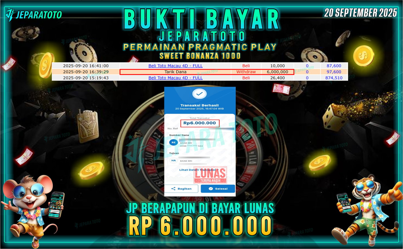 BUKTI KEMENANGAN MEMBER JEPARATOTO | SWEET BONANZA 1000