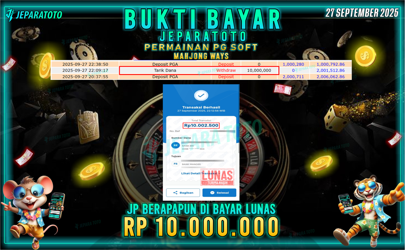 BUKTI KEMENANGAN MEMBER JEPARATOTO | MAHJONG WAYS