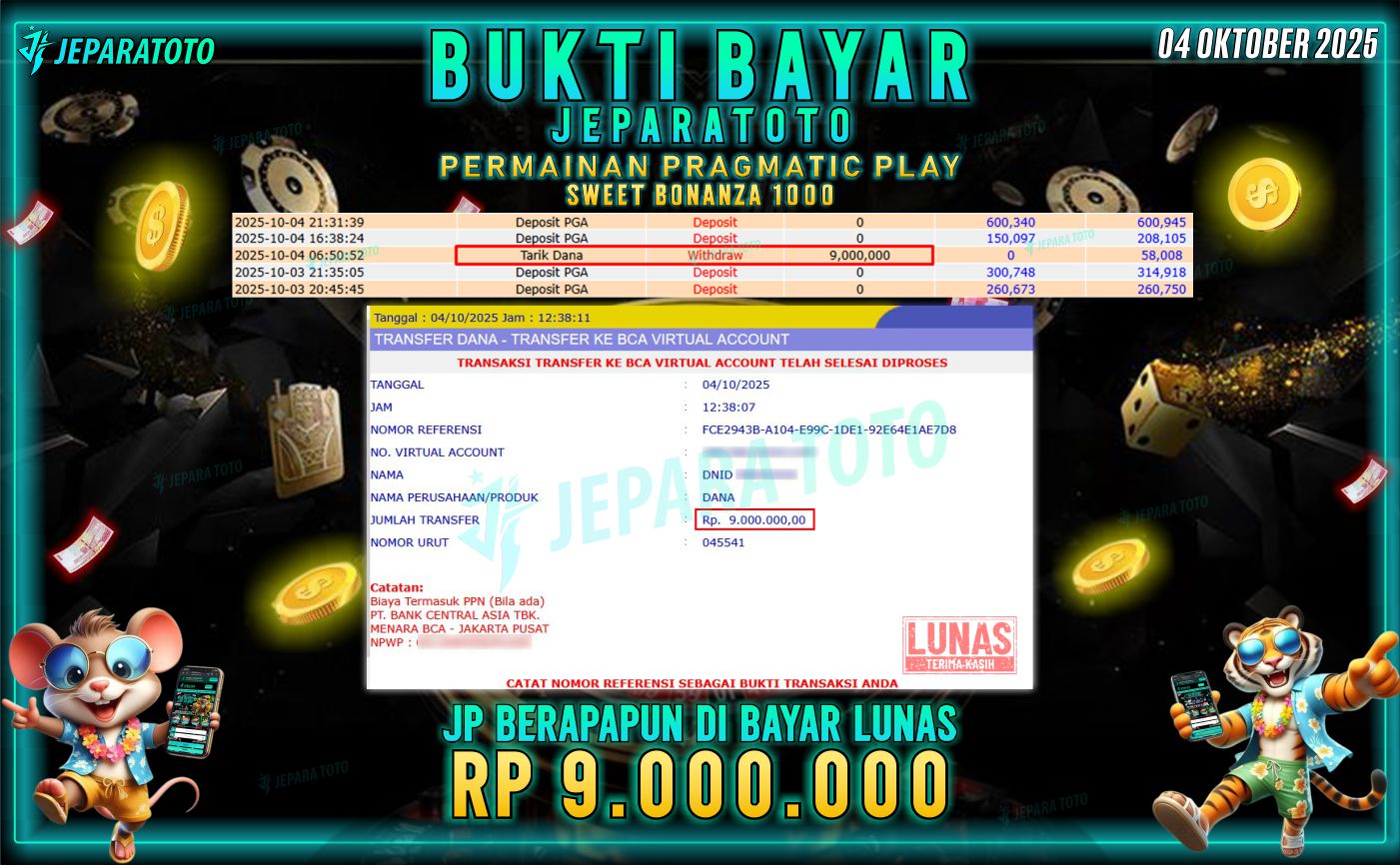 BUKTI KEMENANGAN MEMBER JEPARATOTO | SWEET BONANZA 1000