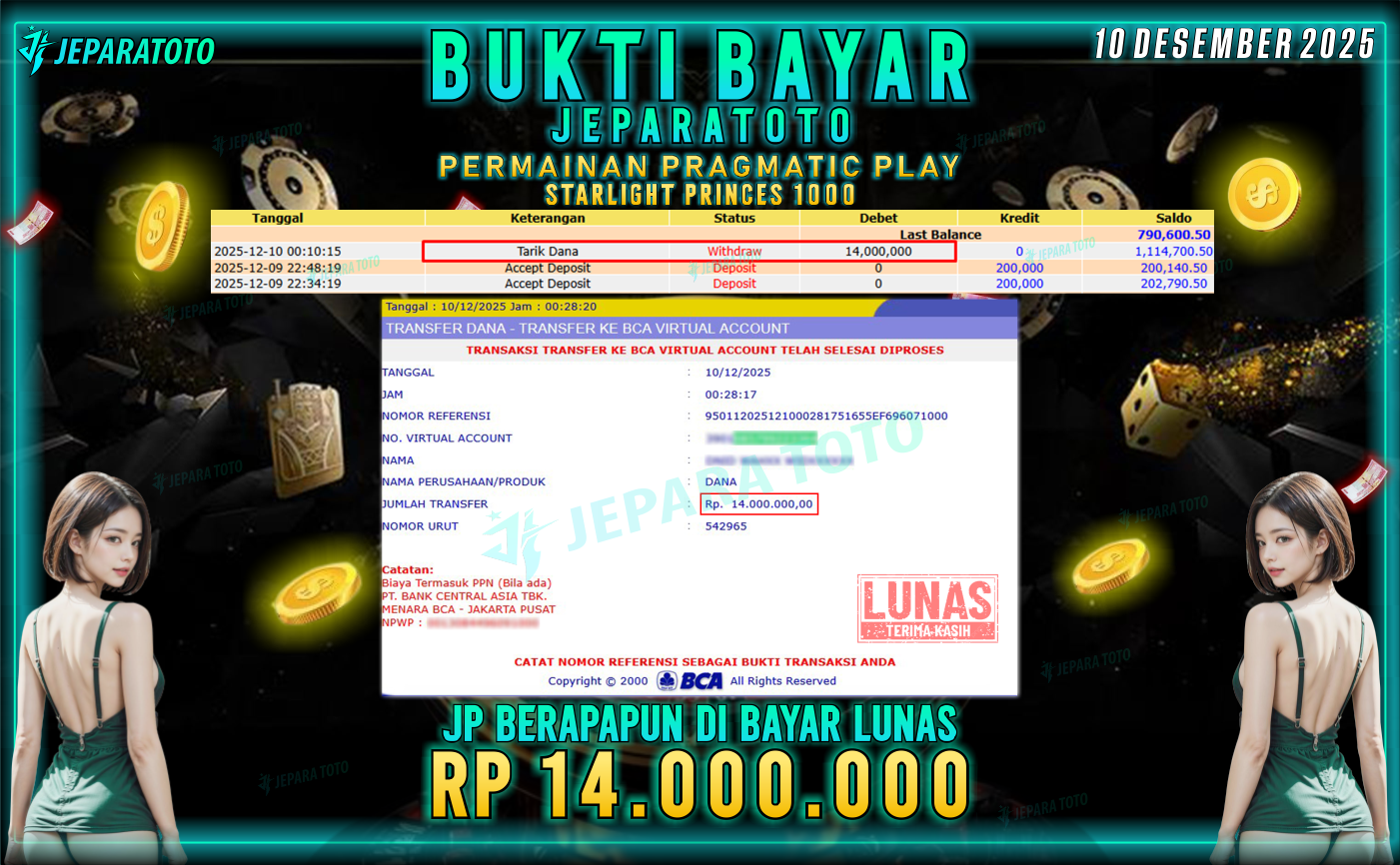 BUKTI KEMENANGAN MEMBER JEPARATOTO | STARLIGHT PRINCES 1000