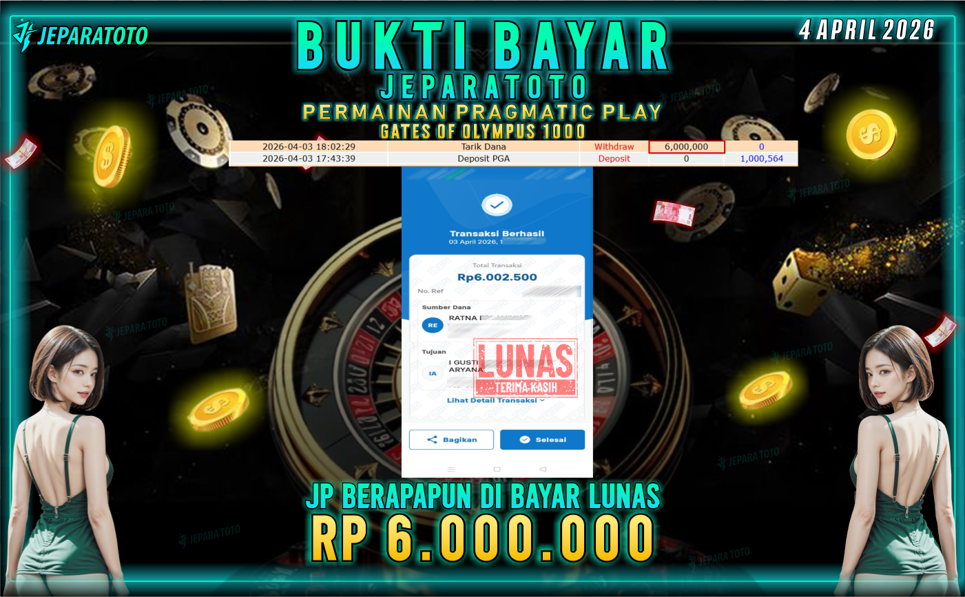 BUKTI KEMENANGAN MEMBER JEPARATOTO I GATES  OF OLYMPUS 1000