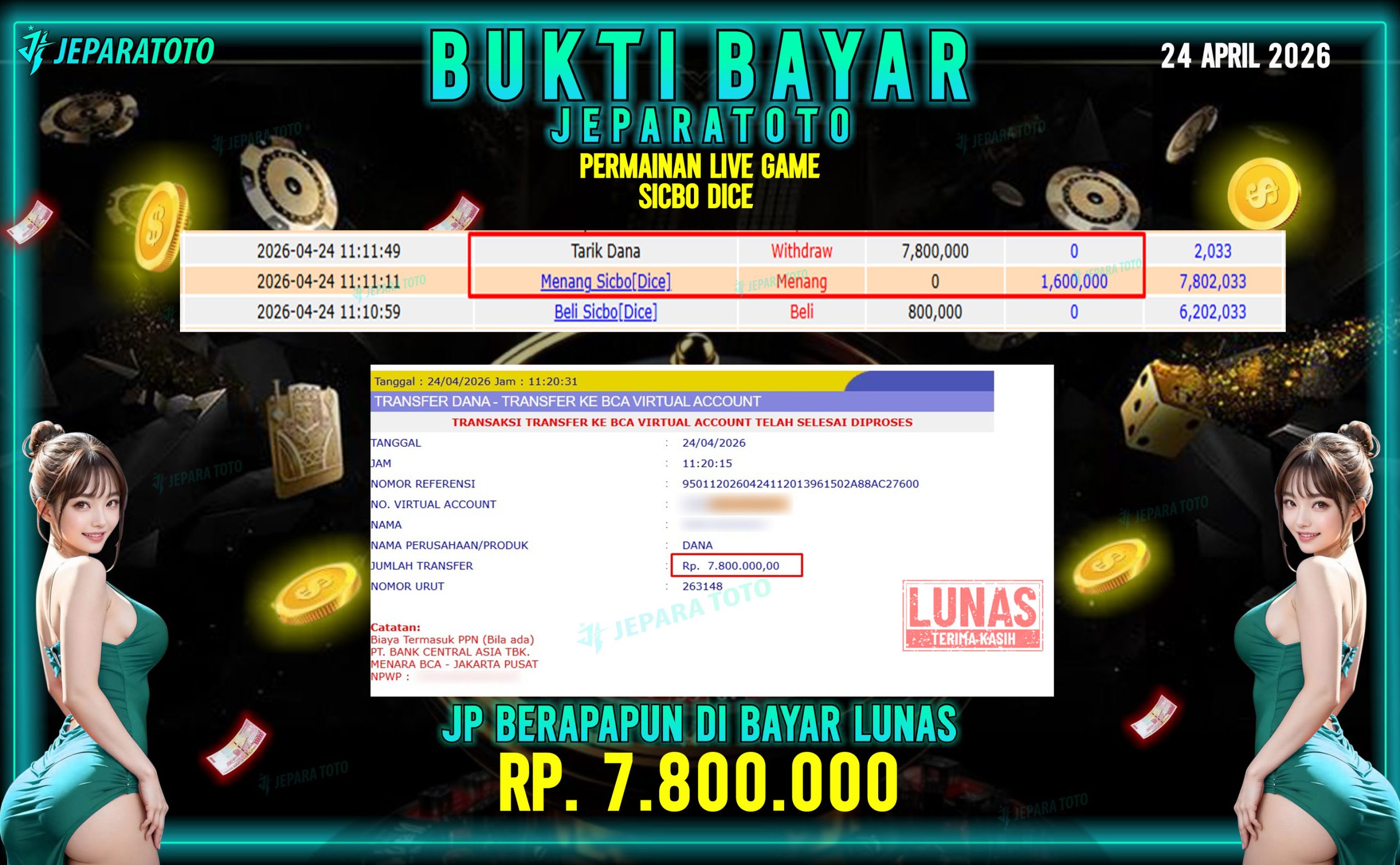 BUKTI KEMENANGAN MEMBER JEPARATOTO I SICBO DICE
