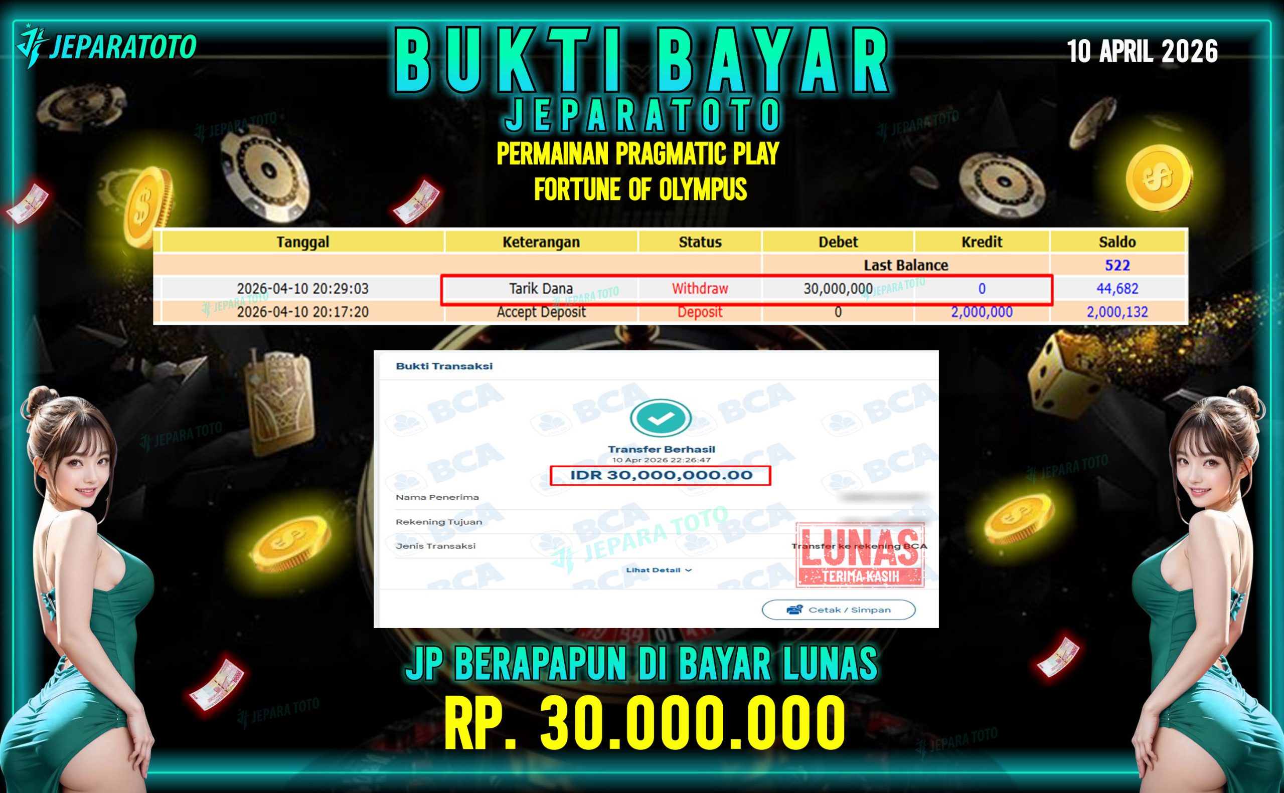 BUKTI KEMENANGAN MEMBER JEPARATOTO I FORTUNE OF OLYMPUS