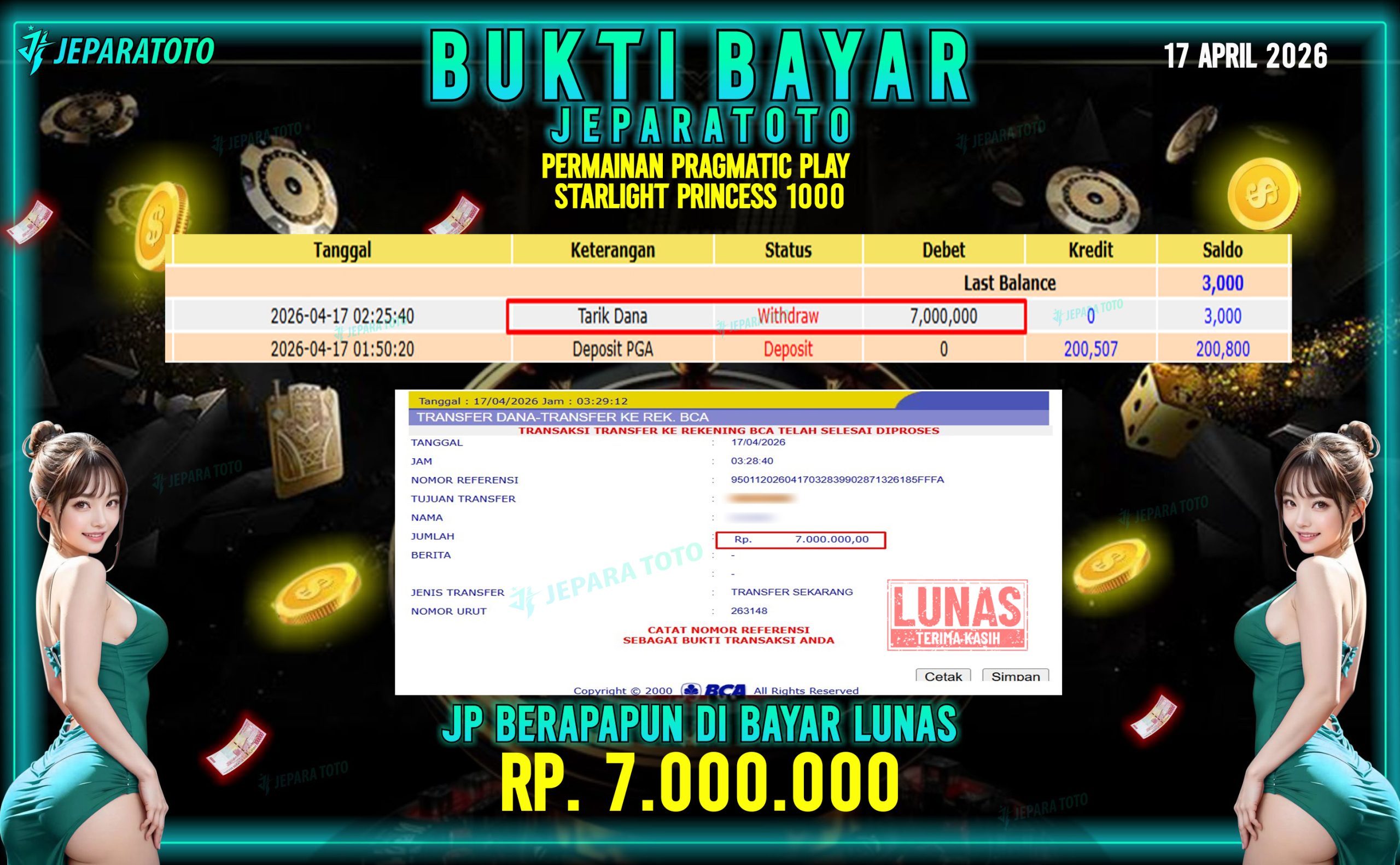 BUKTI KEMENANGAN MEMBER JEPARATOTO I STARLIGHT PRINCESS 1000