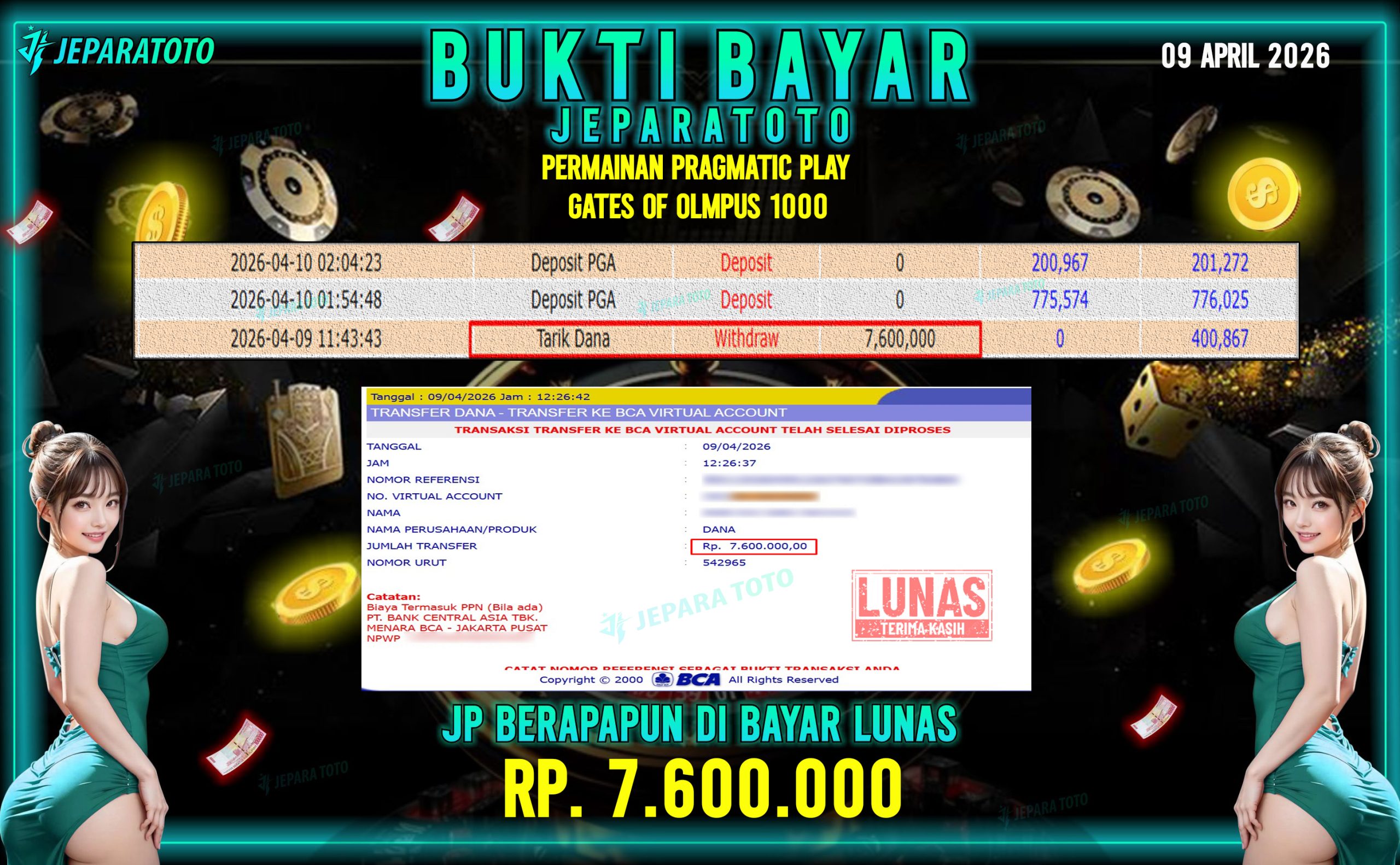 BUKTI KEMENANGAN MEMBER JEPARATOTO I GATES OF OLYMPUS 1000