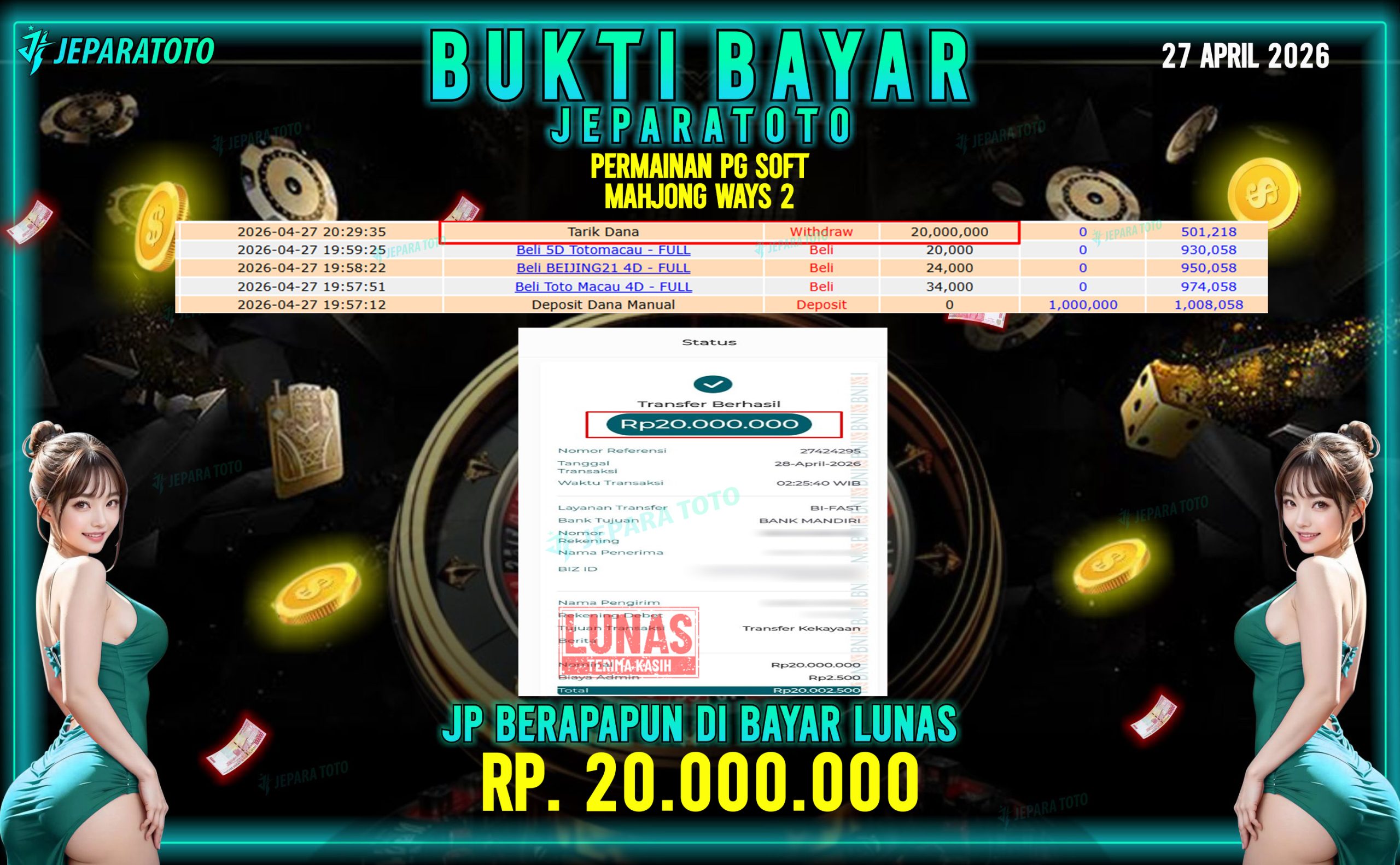 BUKTI KEMENANGAN MEMBER JEPARATOTO I MAHJONG WAYS 2