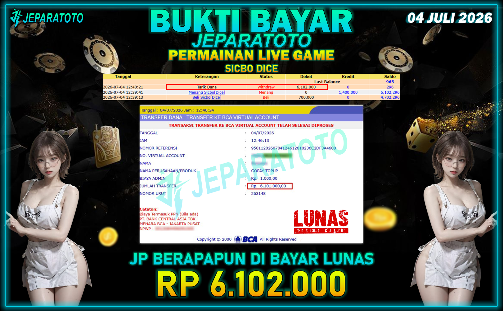 BUKTI KEMENANGAN MEMBER JEPARATOTO I SICBO DICE