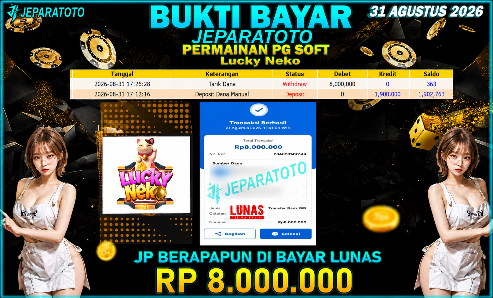 BUKTI KEMENANGAN MEMBER JEPARATOTO I LUCKY NEKO